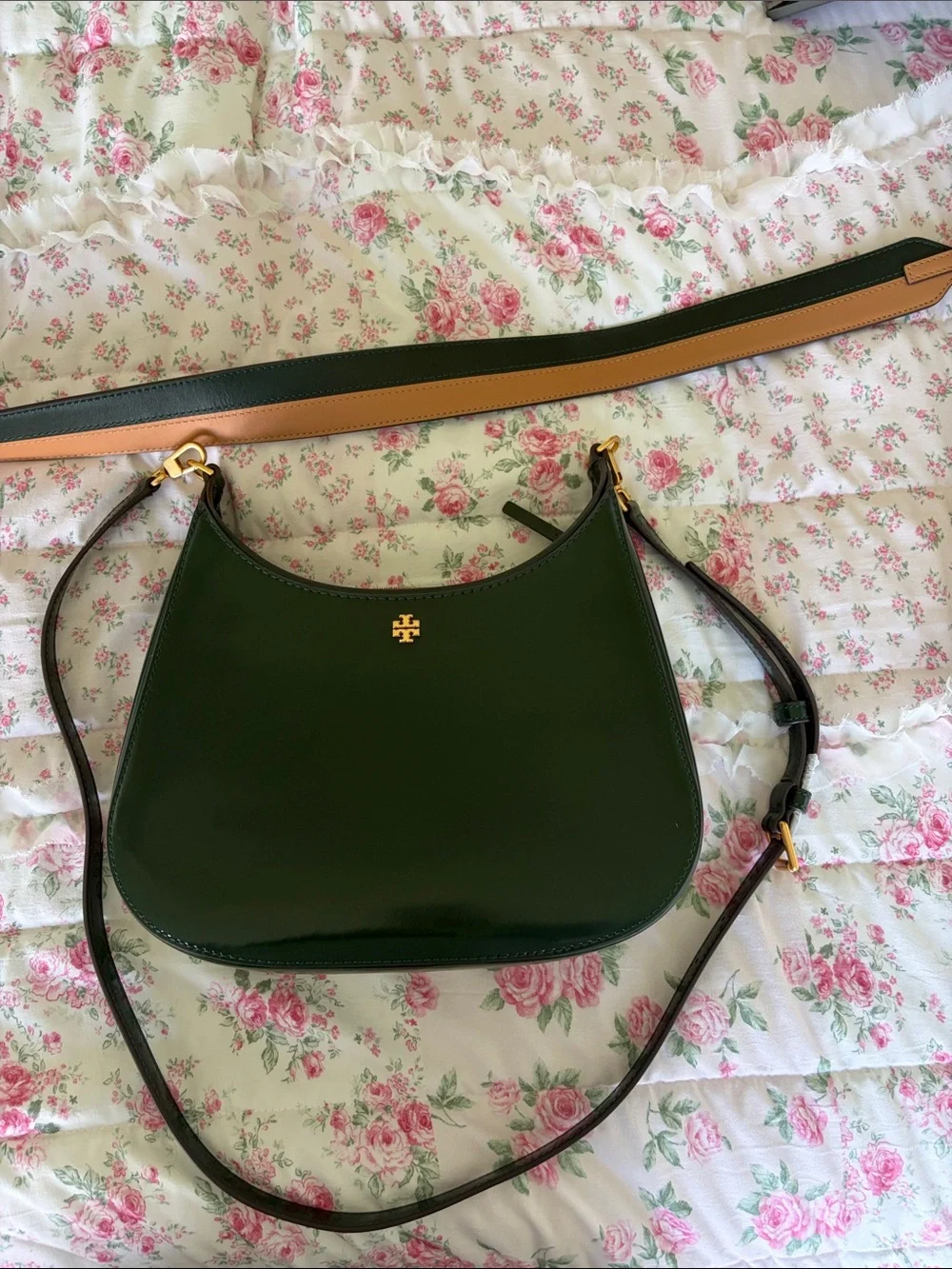 Tory Burch Dark Green Leather Shoulder Bag with Gold Hardware